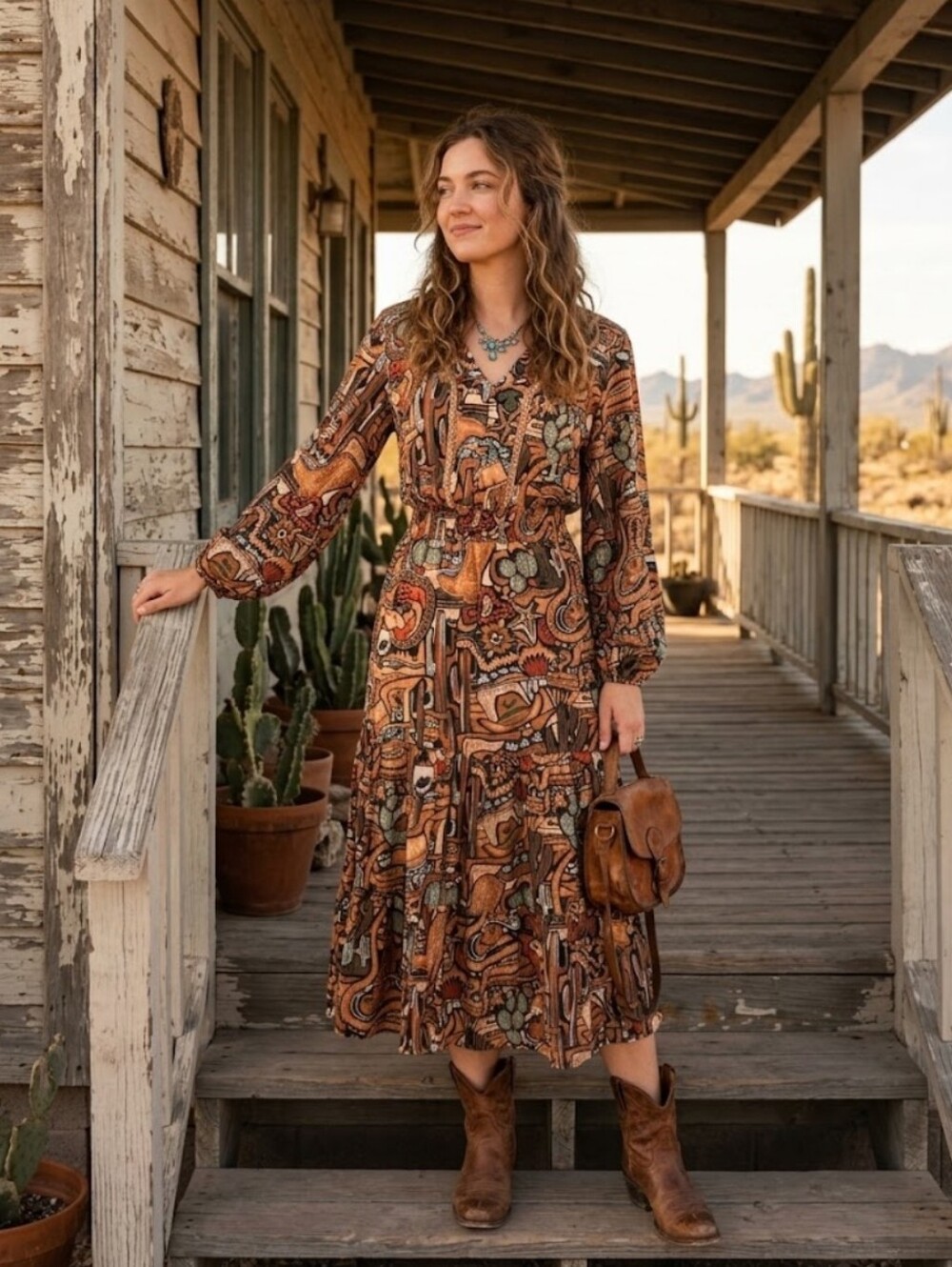 Back In The Saddle Western Print Long Sleeve Midi Dress Size L